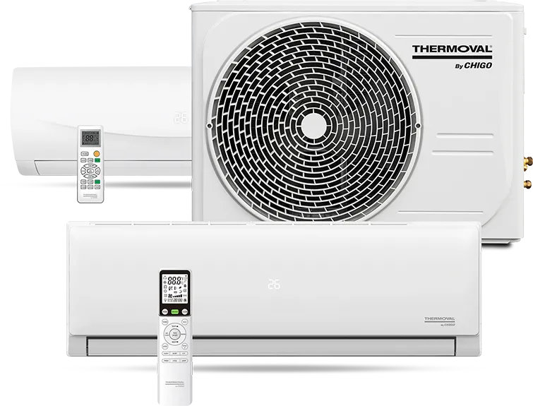 Klimatyzacja multisplit marki Thermoval z dwiema jednostkami wewnętrznymi i pilotami.