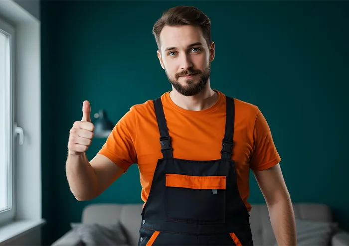 Uśmiechnięty technik HVAC wykonujący serwis klimatyzacji z uniesionym kciukiem.