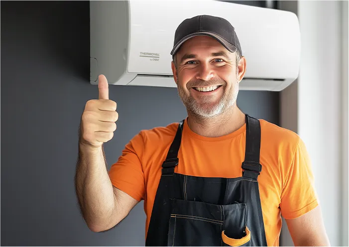 Uśmiechnięty instalator HVAC pokazujący kciuk w górę – korzyści z programu Thermoval dla profesjonalistów.