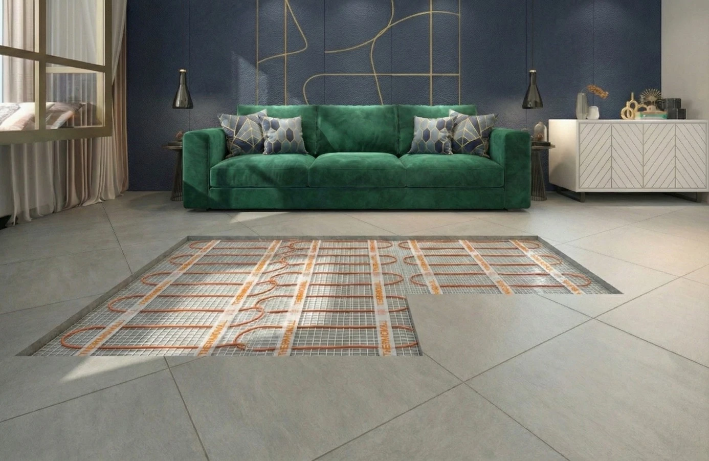 Montaż maty grzewczej Thermoval pod płytki ceramiczne w nowoczesnym salonie.